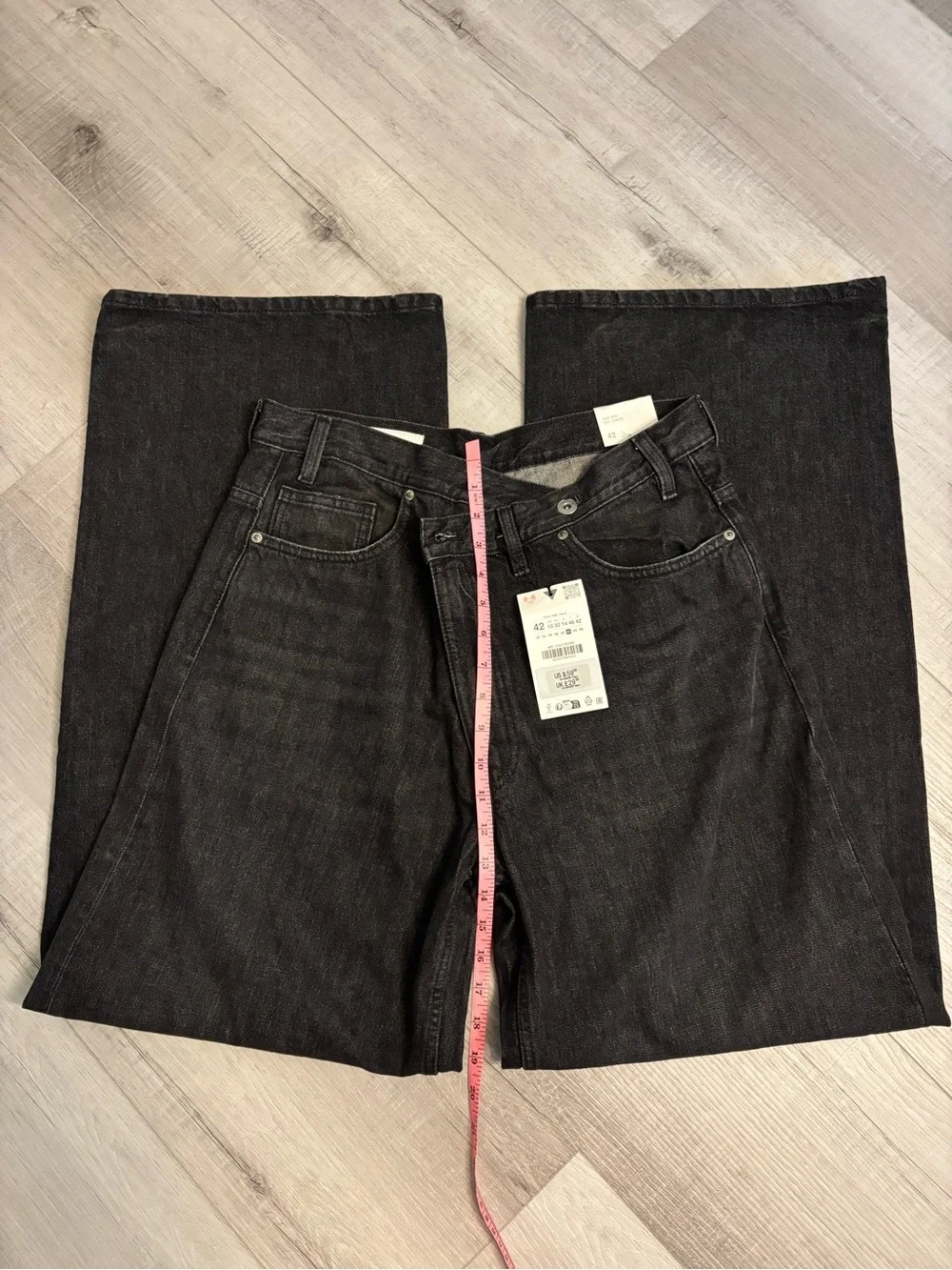 Zara The Crossed Waist Wide Leg Jeans Black Denim Women’s 10 NWT*